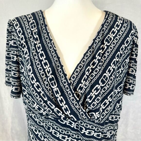 Evan Picone navy and white chain link print faux wrap ruched dress size 16 - Picture 4 of 8